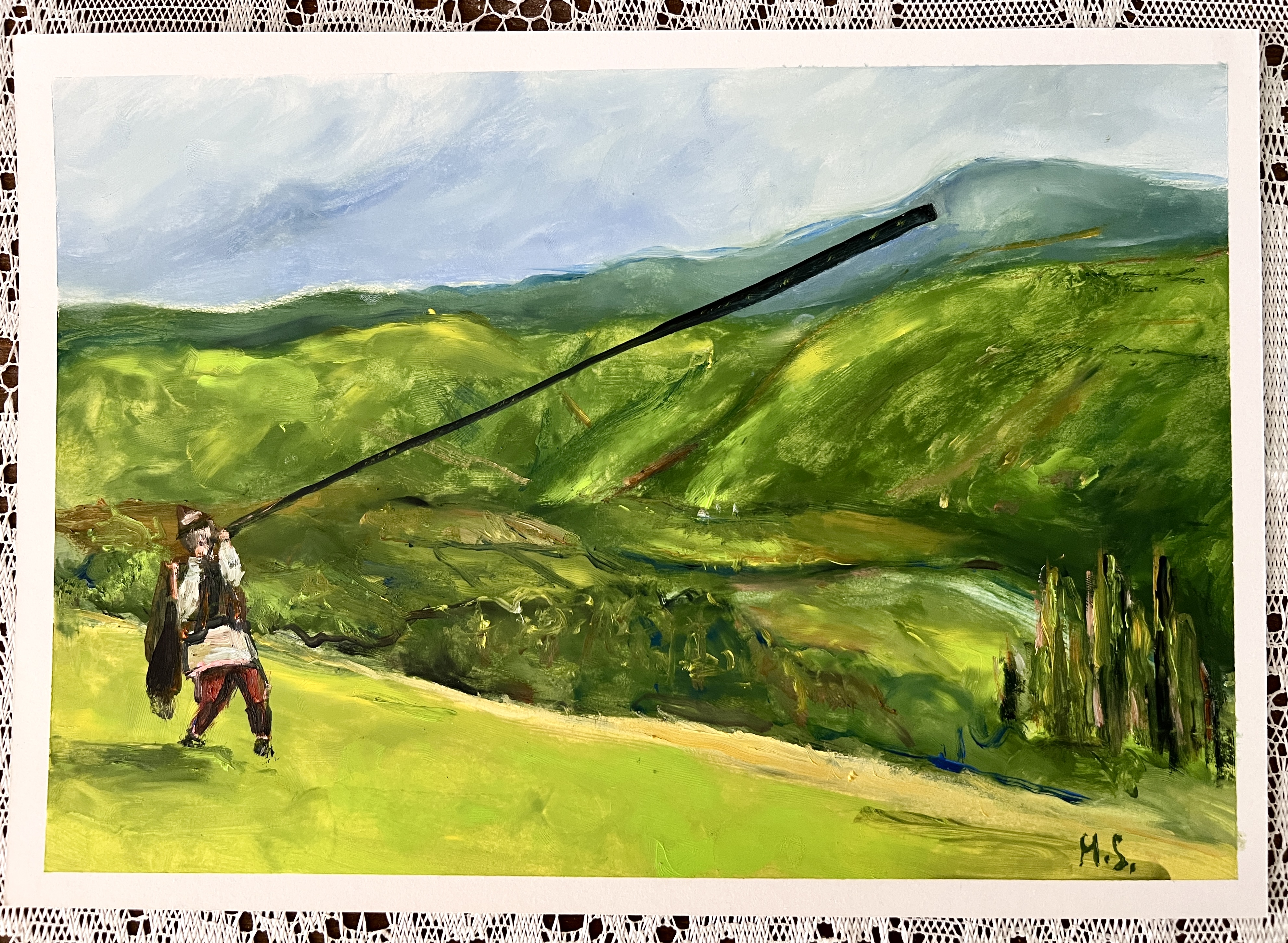 Trembita. Call of the Carpathians — original painting by Marina Stognieva, oil on paper, 21 × 30 cm, 2026